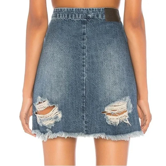 Free People x One Teaspoon Vixen High Waist Distressed A Line Oxford Denim Skirt - Picture 3 of 12
